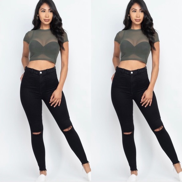 NEW ON TRENDY OLIVE SHORT SLEEVE CROPPED TOP SHEER MESH SHIRT - Picture 2 of 7